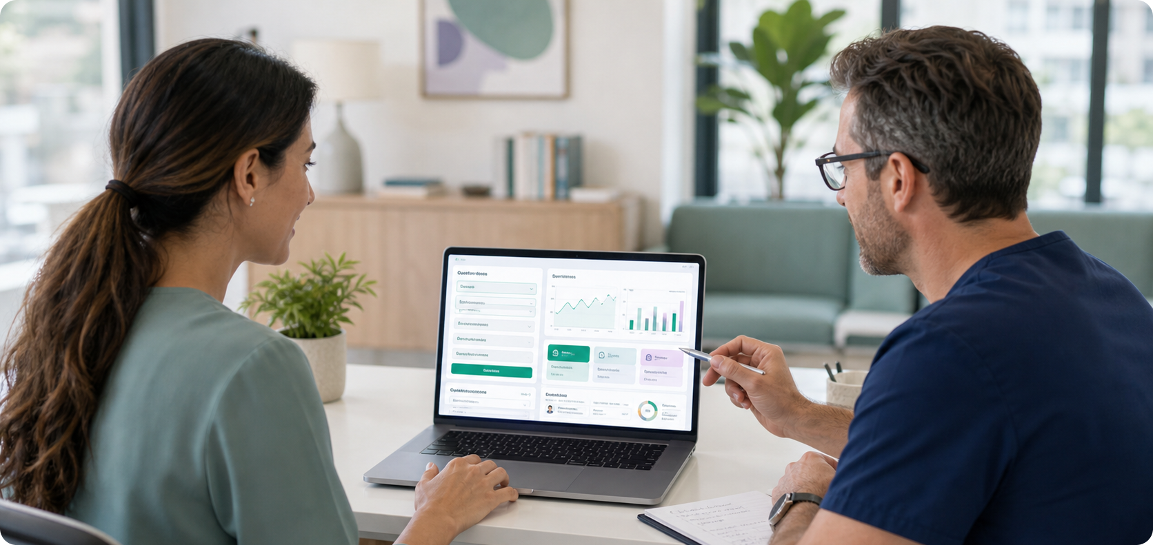 Clinician and patient reviewing a care dashboard on a laptop