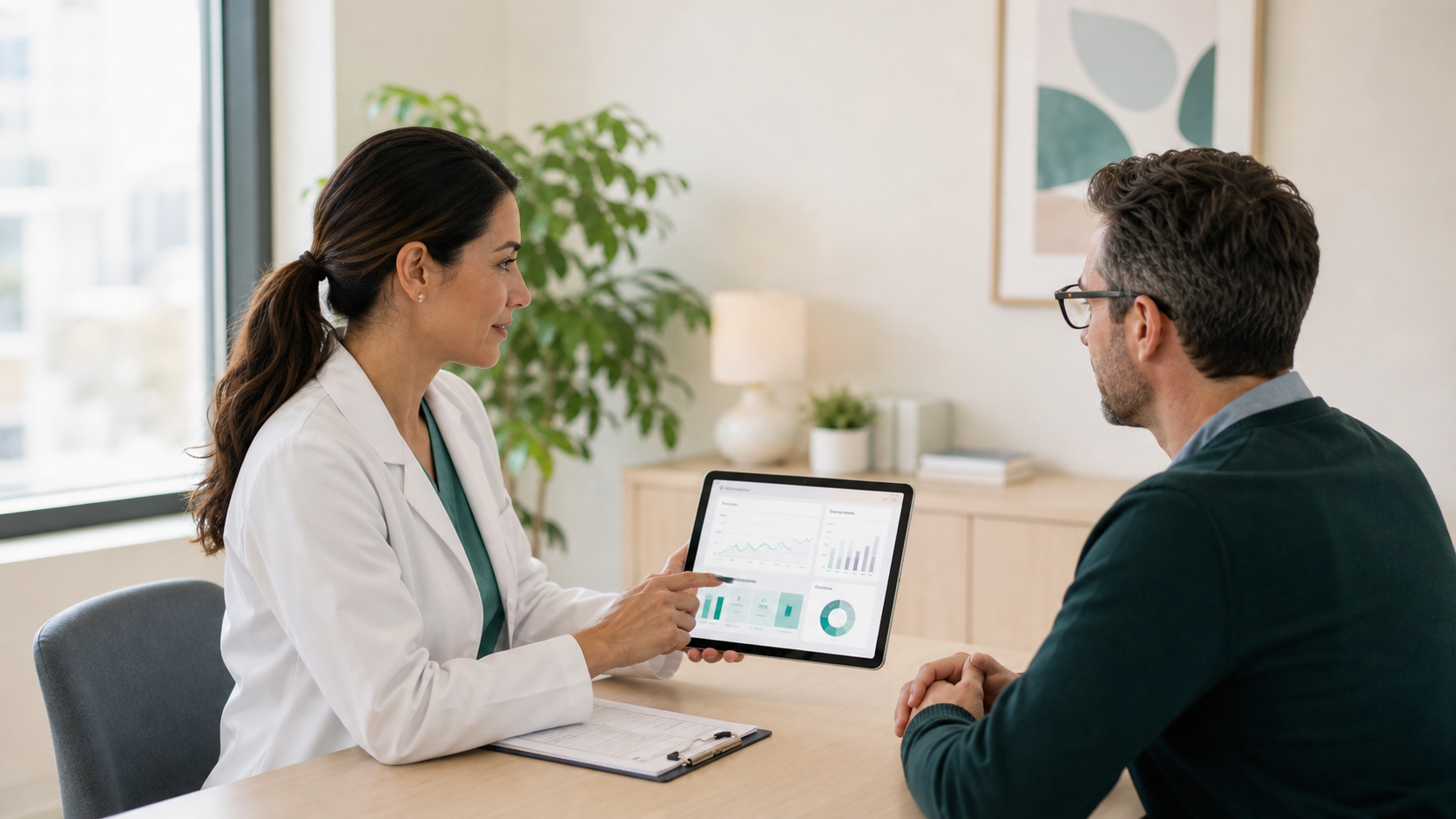 Clinician reviewing patient-fit insights with a clinic partner