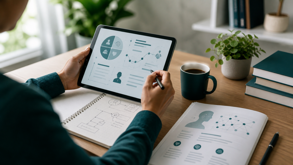 Mental health resource planning workspace with tablet and care pathway materials