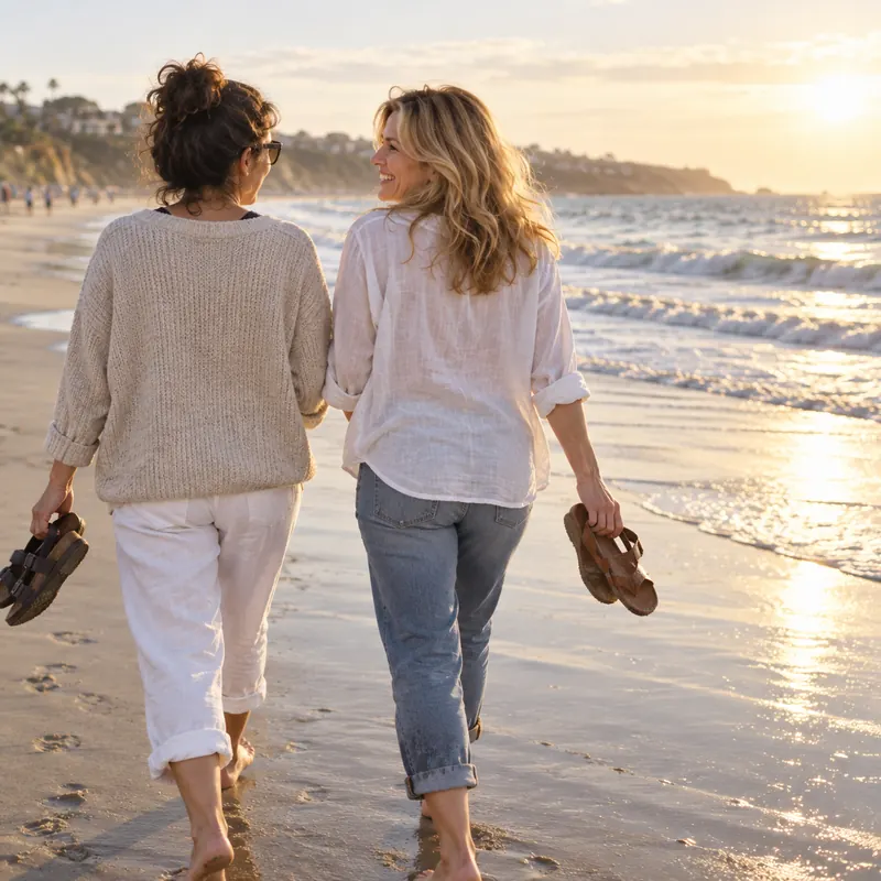 Two women walking together along the beach at sunset.